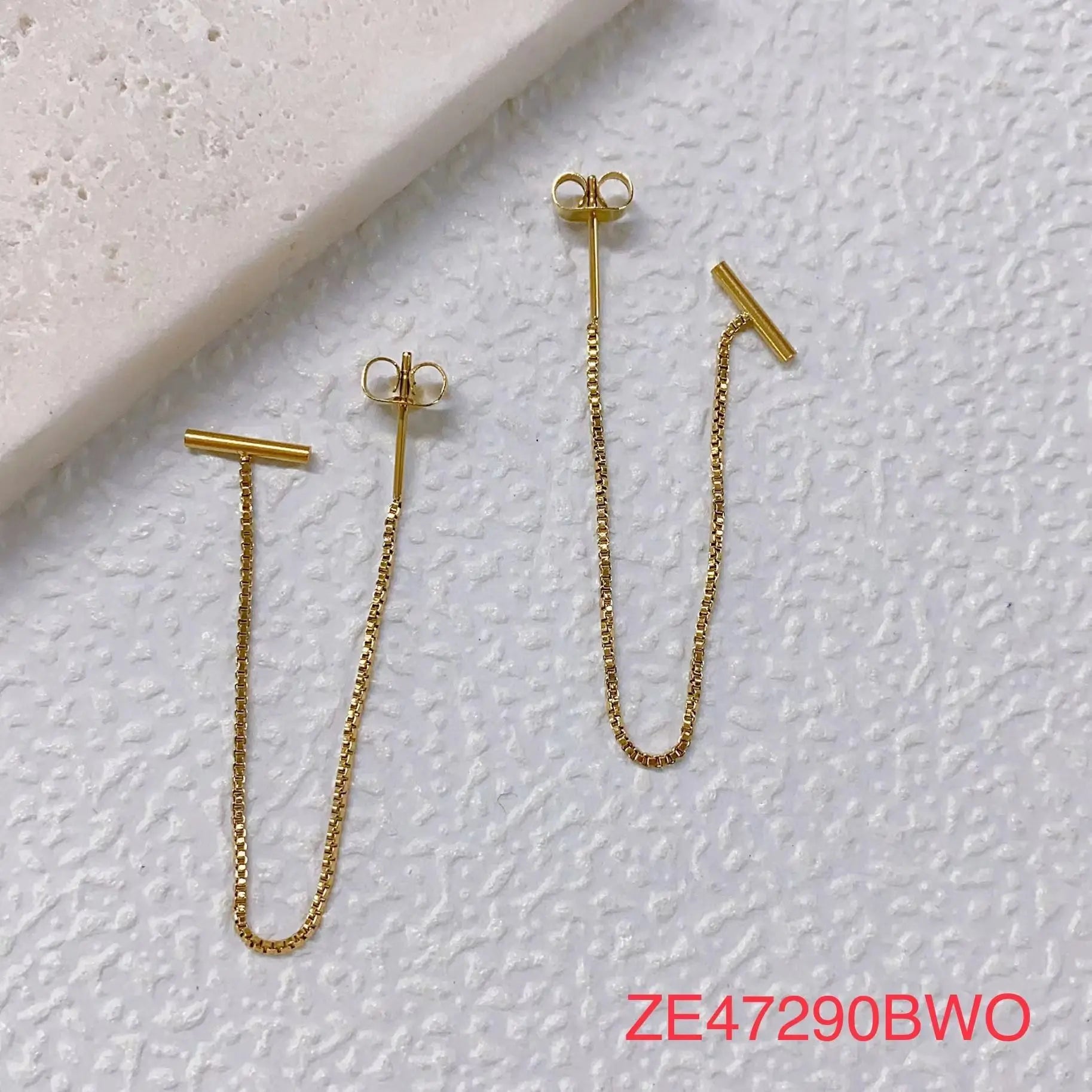 CARLIDANA High End 18K Gold Plated Cross Bar Chain Threading Cross Earrings for Women Stainless Steel Mini Stud Earrings