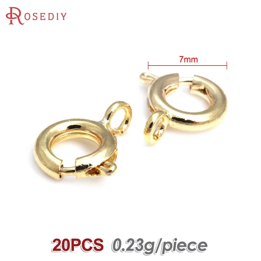 20PCS Diameter 5MM 6MM 7MM 18K Gold Color Plated Brass Spring Round Clasps Necklace Clasps Jewelry Findings Accessories