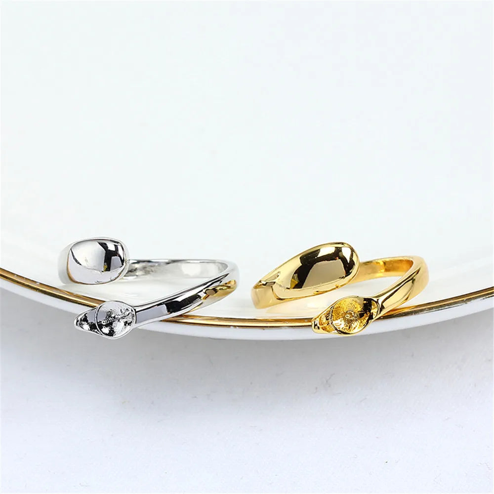 Domestic 14k Gold Color Retaining Serpentine Opening Ring Zircon Pearl Empty Tray Adjustable DIY Accessories Fit 7-9mm