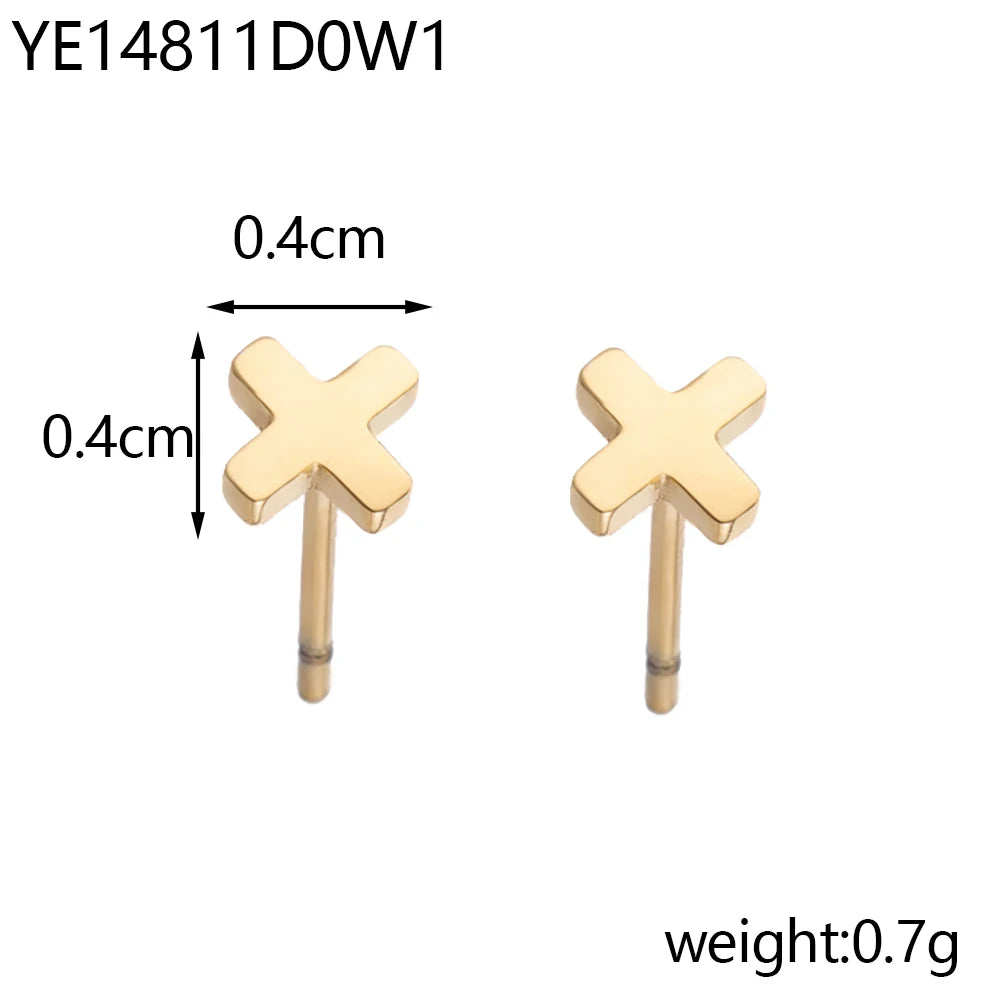 CARLIDANA High End 18K Gold Plated Cross Bar Chain Threading Cross Earrings for Women Stainless Steel Mini Stud Earrings